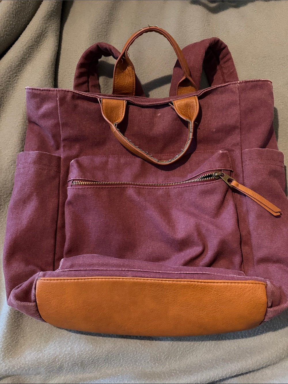 Universal Thread Plum Canvas Backpack with Tan Leather Trim